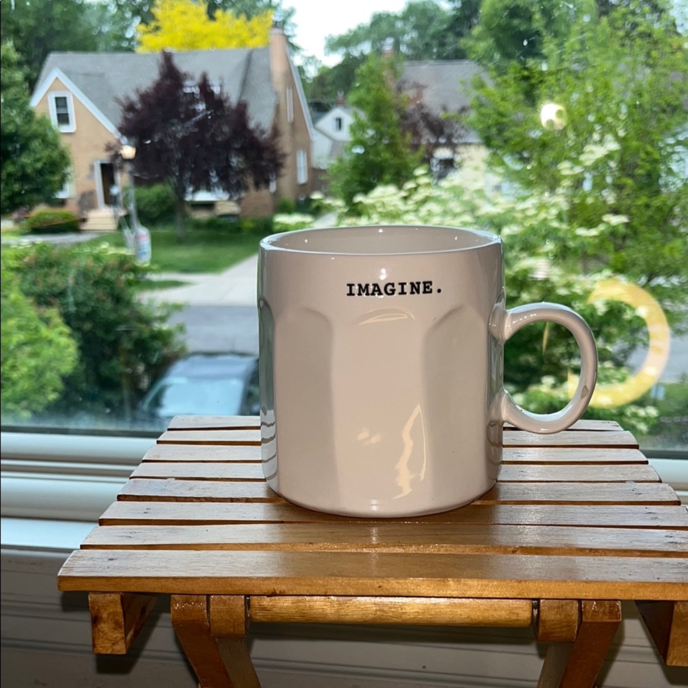 Rae Dunn IMAGINE White Ceramic Mug multi sided typewriter font